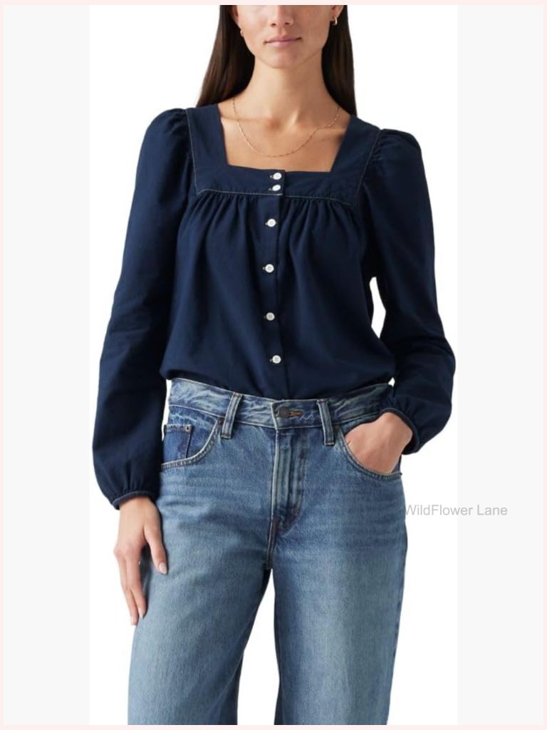 Long Sleeve Blouse With Square Neck And Button Detailing